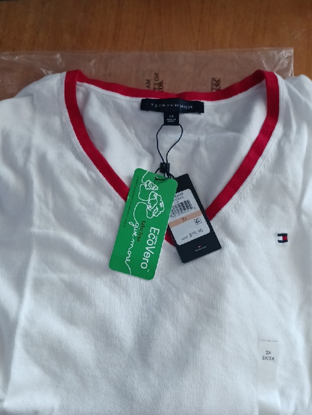 Tommy Hilfiger White V-Neck Tee with Red Trim and Flag Logo